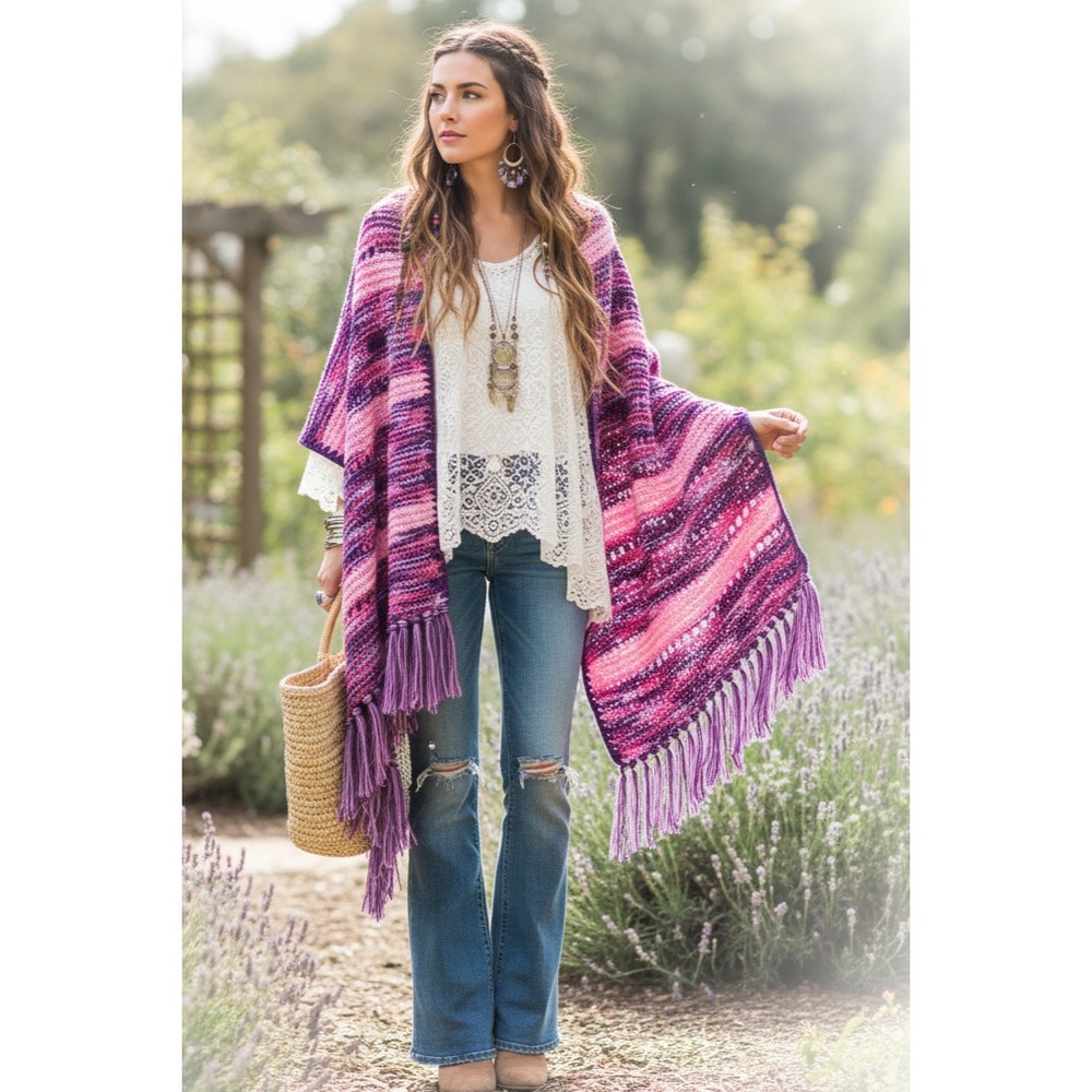 NEW Purple Pink Hand Knitted Shawl Scarf Wrap Boho Hippie Festival Artsy Indie